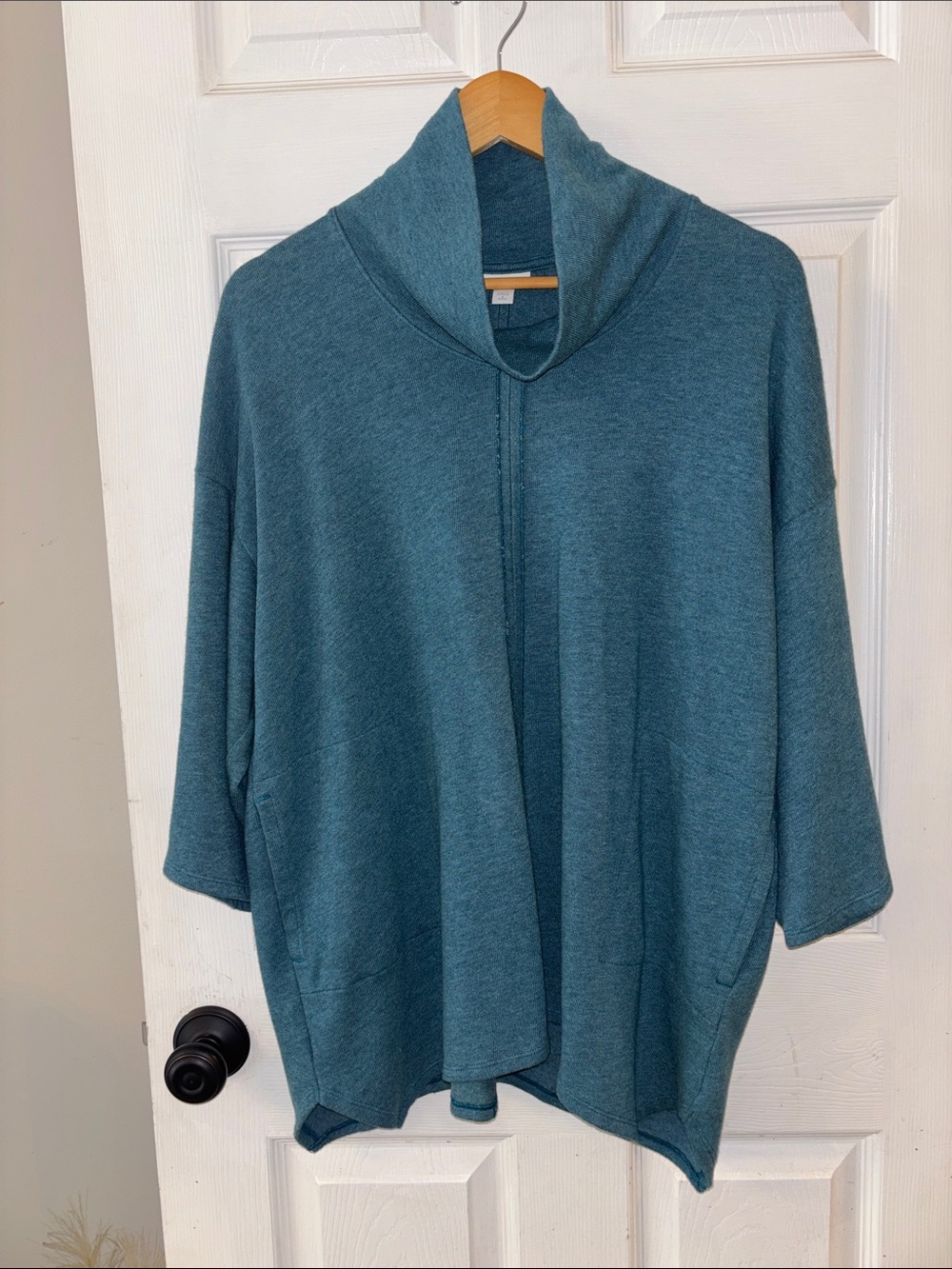 Draped Teal Cowl-Neck Poncho Sweater